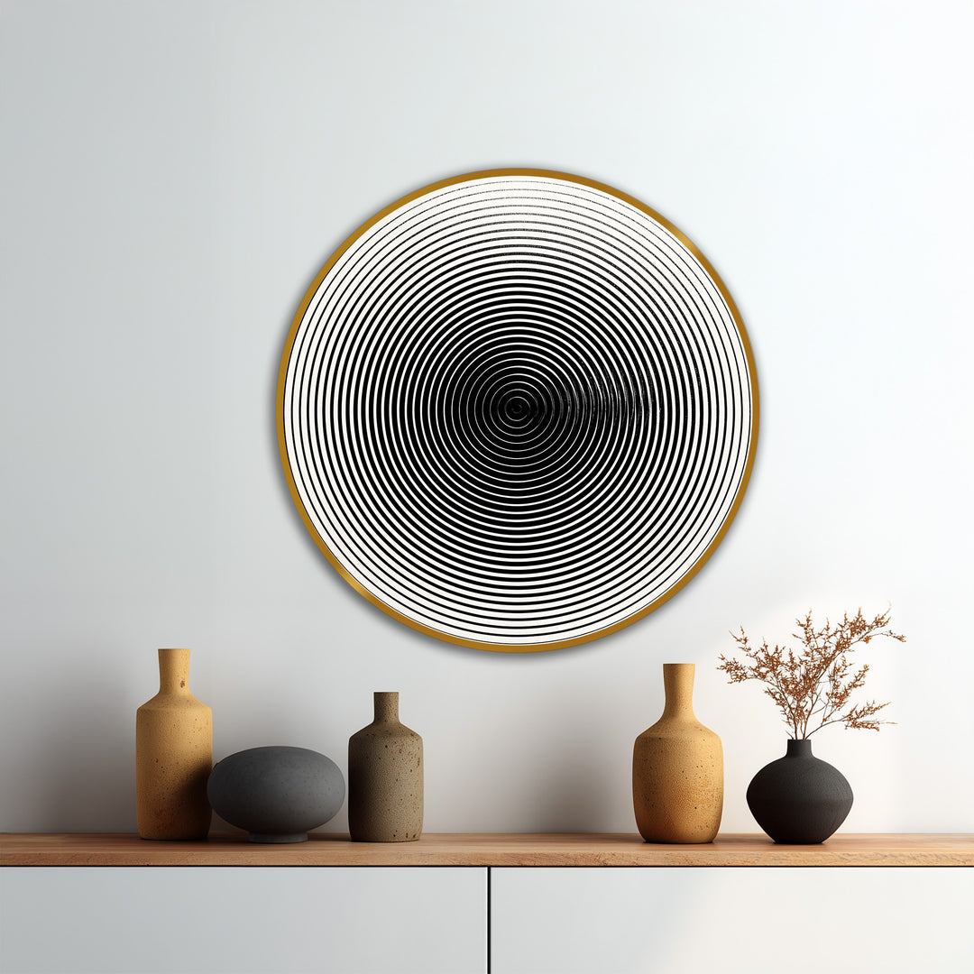 Hypnotic Lines – Minimalist Round Wooden Oil Painting Wall Art