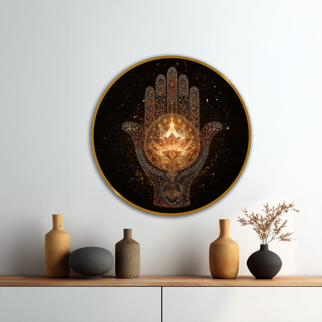 Sacred Illumination – Golden Hamsa Lotus Round Oil Painting