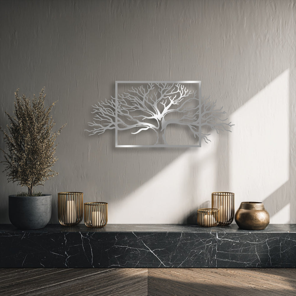The framed tree metal wall art features a sleek, brushed metallic finish, enhancing this elegant decoration wall art piece.