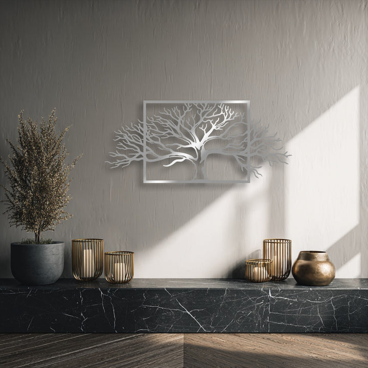 The framed tree metal wall art features a sleek, brushed metallic finish, enhancing this elegant decoration wall art piece.