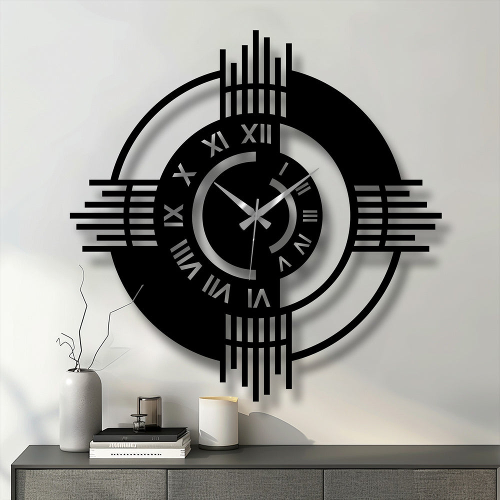 Crafted with durable materials, this modern geometric wall clock is a stylish piece of metal wall decor featuring precise Roman numerals and hands.