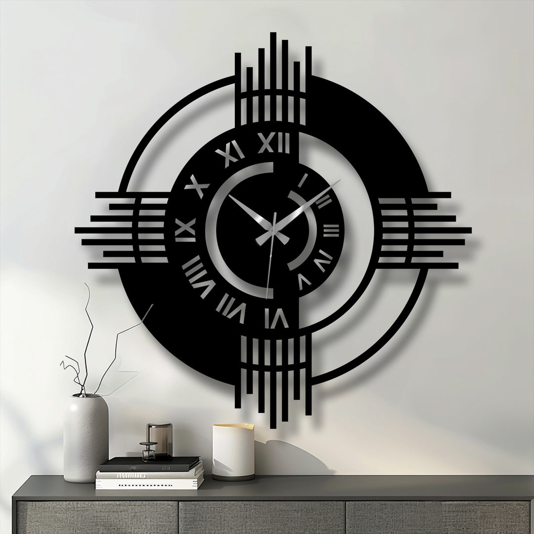 Crafted with durable materials, this modern geometric wall clock is a stylish piece of metal wall decor featuring precise Roman numerals and hands.
