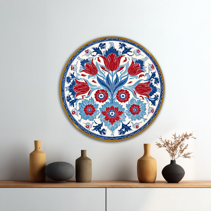 High color saturation emphasizes the vibrant hues of the Ottoman floral motif within this round oil painting reproduction print, creating a visually captivating home decor piece.