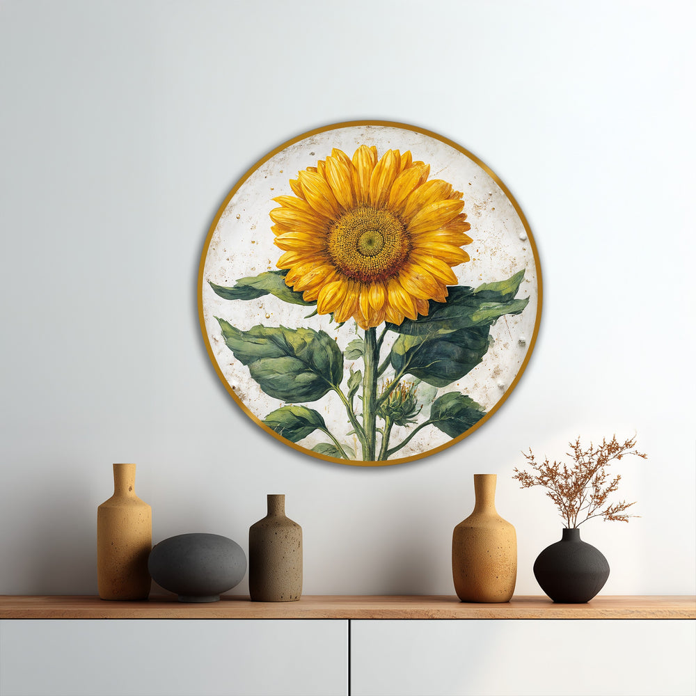 Featuring the gold-toned edge and borders of a botanical round oil painting home decor piece depicting a golden sunflower in full bloom.
