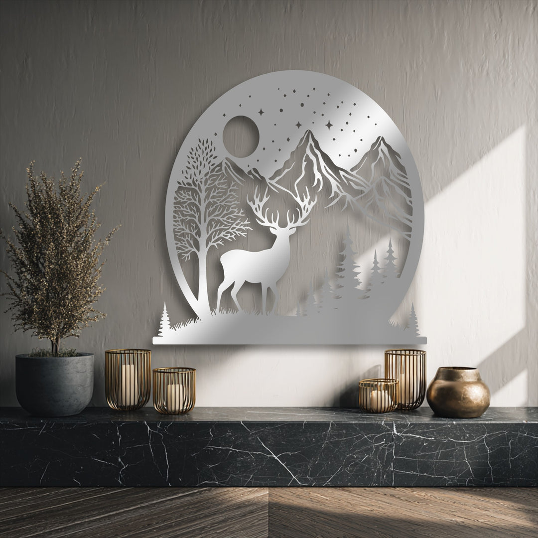 The realistic detail in this captivating metal artwork exquisitely depicts a majestic stag amidst a moonlit forest and towering mountains.