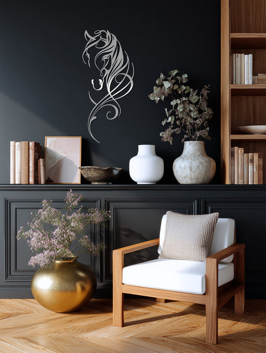 With a brushed silver finish, the graceful horse silhouette metal art for wall offers an elegant equine line design perfect for adding a touch of modern style.