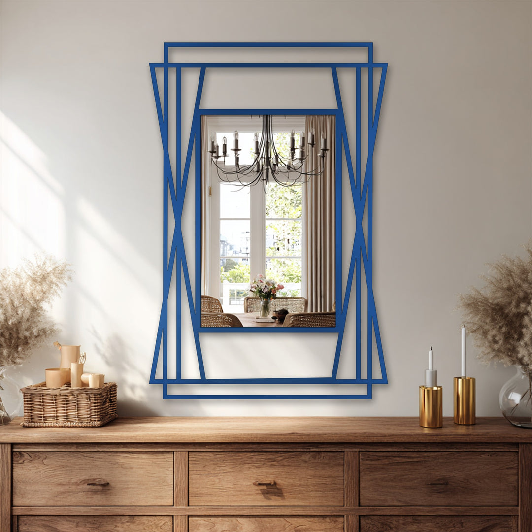 Layered symmetrical frame in this modern mirror creates depth with its decoration wall art and angular, metal geometry.