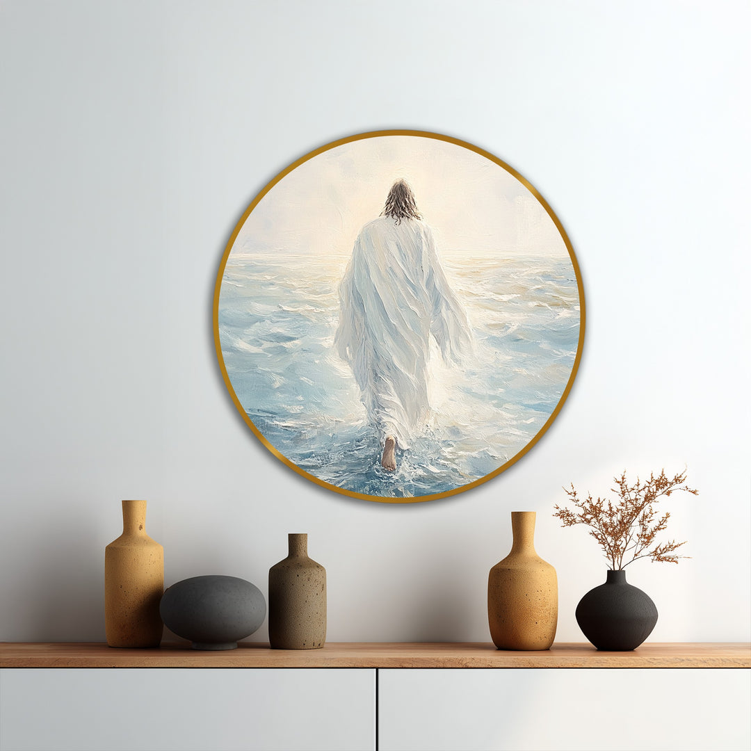 Fluid brushstrokes capture the sense of movement as the figure advances through the water in this faith-inspired round oil painting artwork.