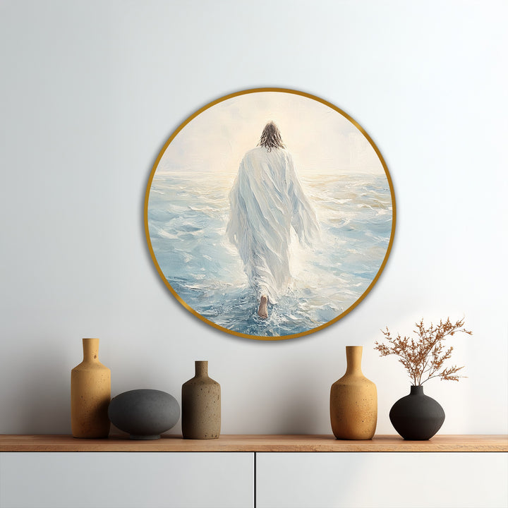 Fluid brushstrokes capture the sense of movement as the figure advances through the water in this faith-inspired round oil painting artwork.