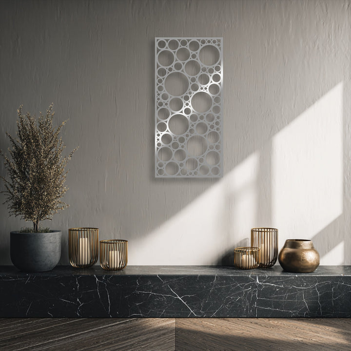 Dark marble foreground displays a potted plant and golden candle holders, accentuating the modern abstract decoration wall art.