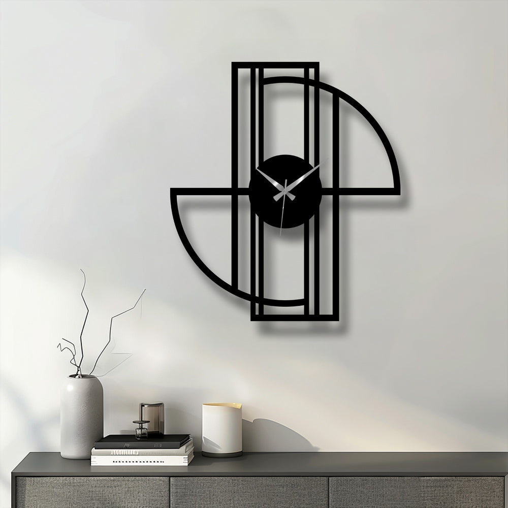 Subtle light and shadow play across the geometric metal wall clock, showcasing the unique metal wall art's modern minimalist frame and curved lines.