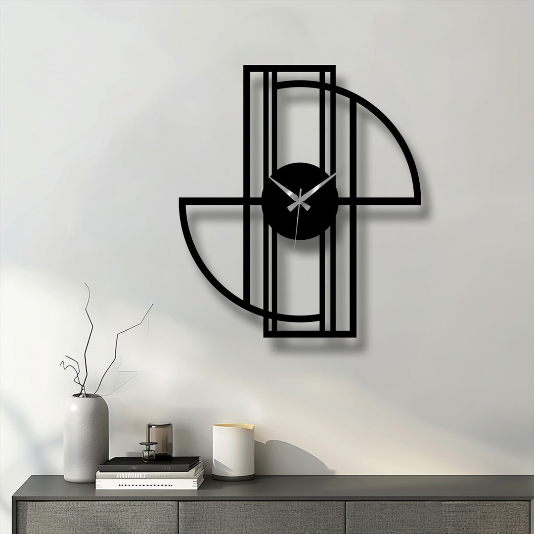 Subtle light and shadow play across the geometric metal wall clock, showcasing the unique metal wall art's modern minimalist frame and curved lines.