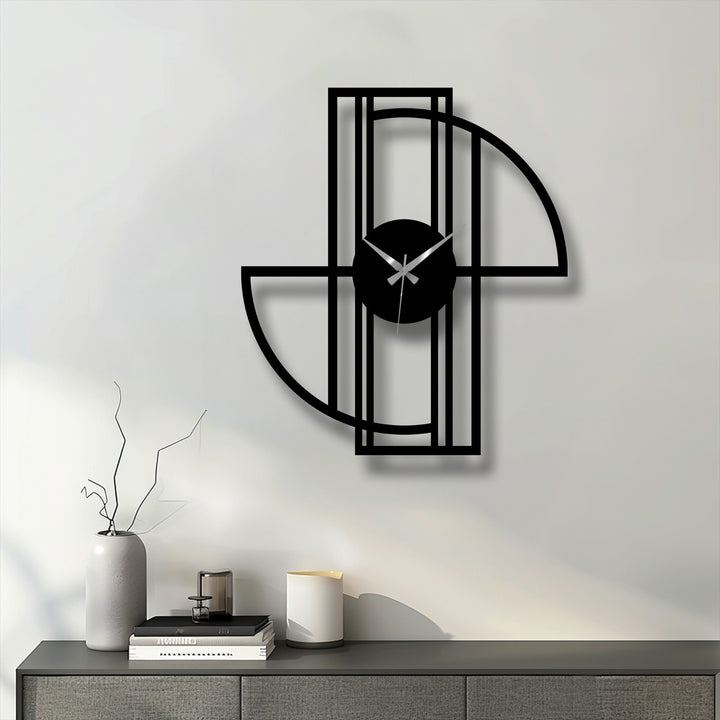 Subtle light and shadow play across the geometric metal wall clock, showcasing the unique metal wall art's modern minimalist frame and curved lines.