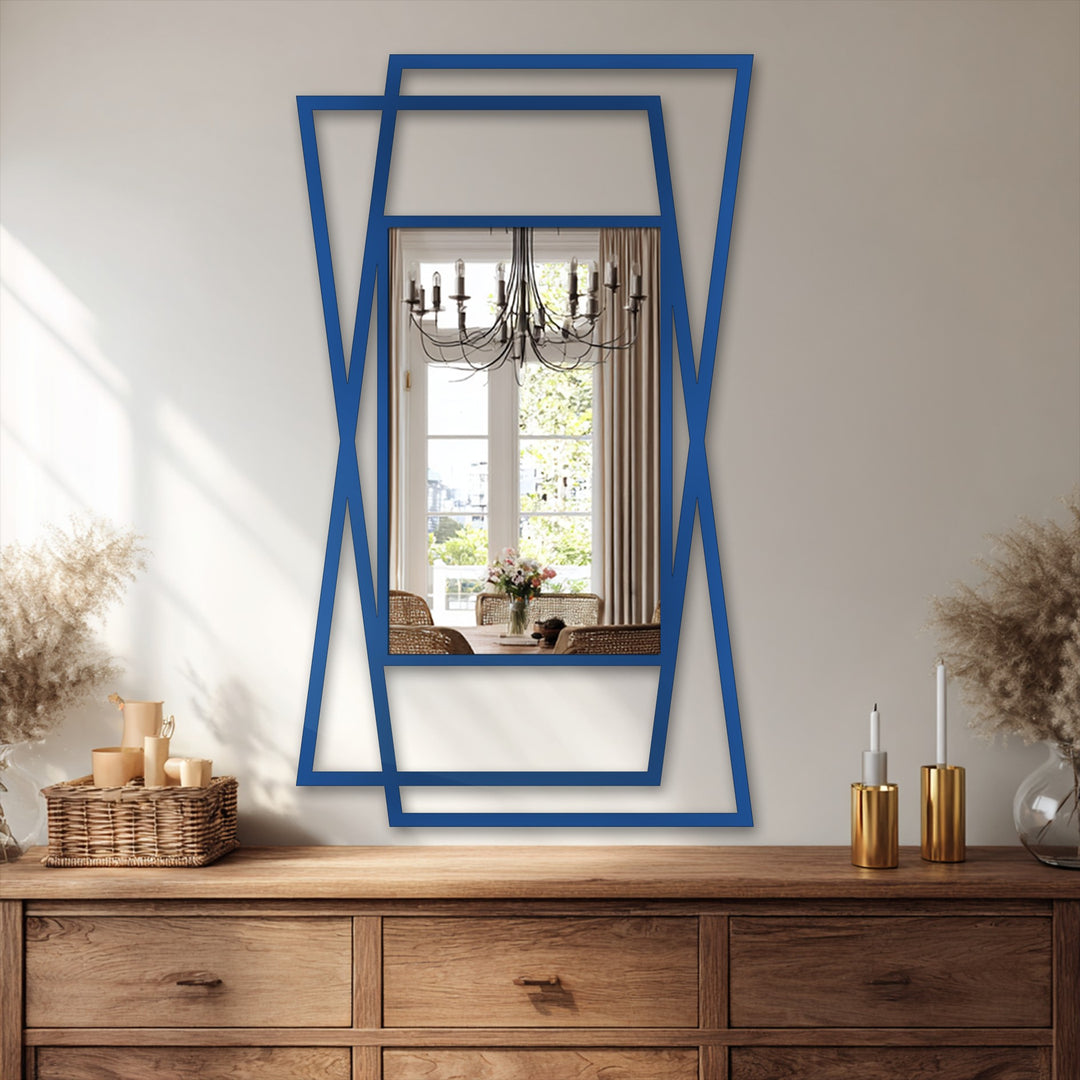 Evoking sophisticated tranquility, the blue-framed rectangular framed wall mirror reflects a bright dining scene, lending a serene and airy ambiance to the space.