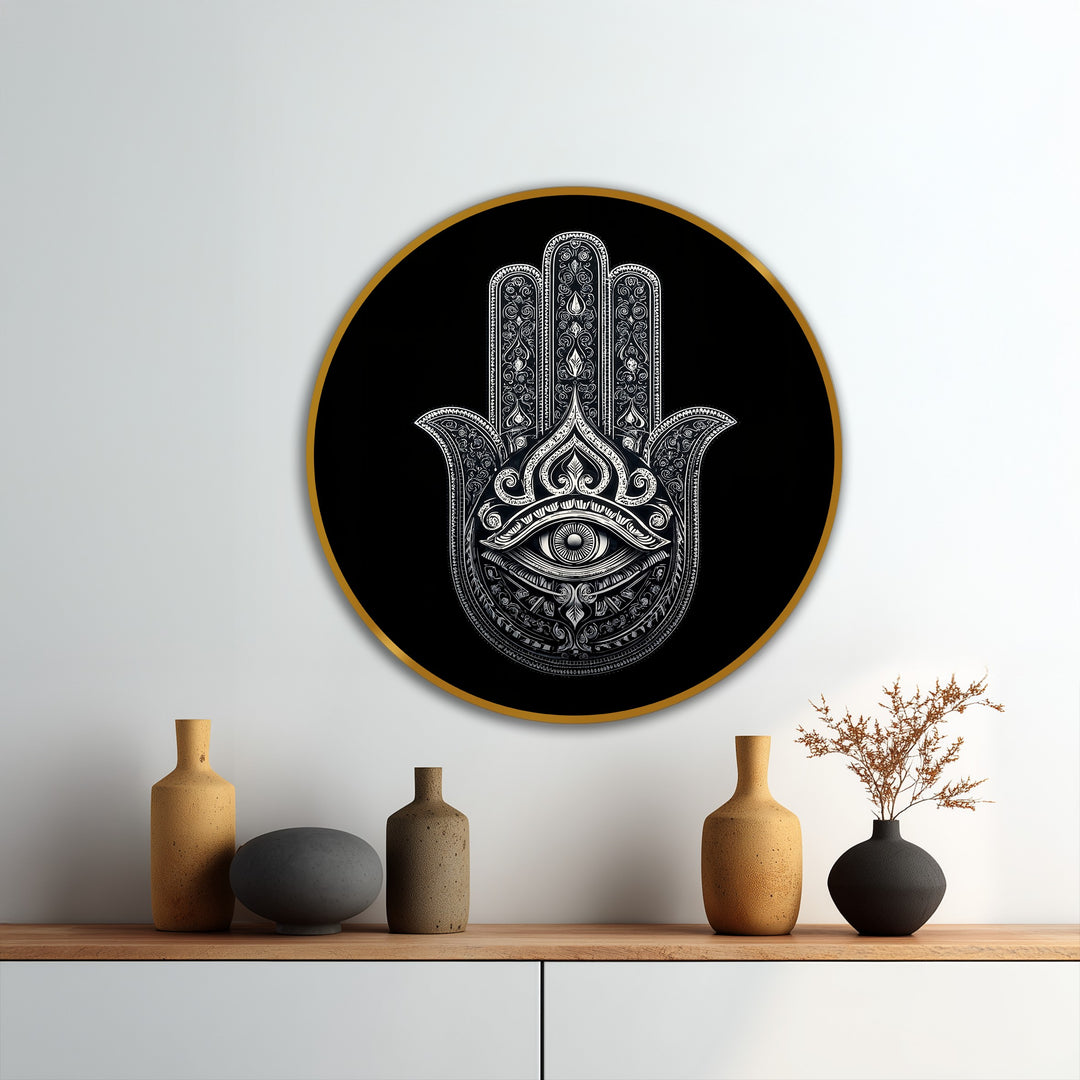 Illuminated by an ethereal glow, the modern oil painting art showcases a monochrome Hamsa eye in a round frame, emanating a sense of sacred protection.