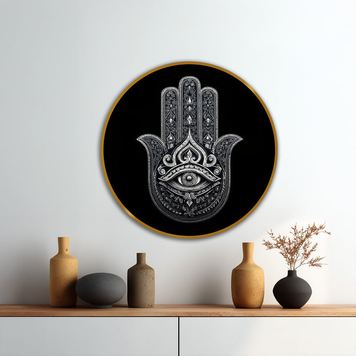 Illuminated by an ethereal glow, the modern oil painting art showcases a monochrome Hamsa eye in a round frame, emanating a sense of sacred protection.
