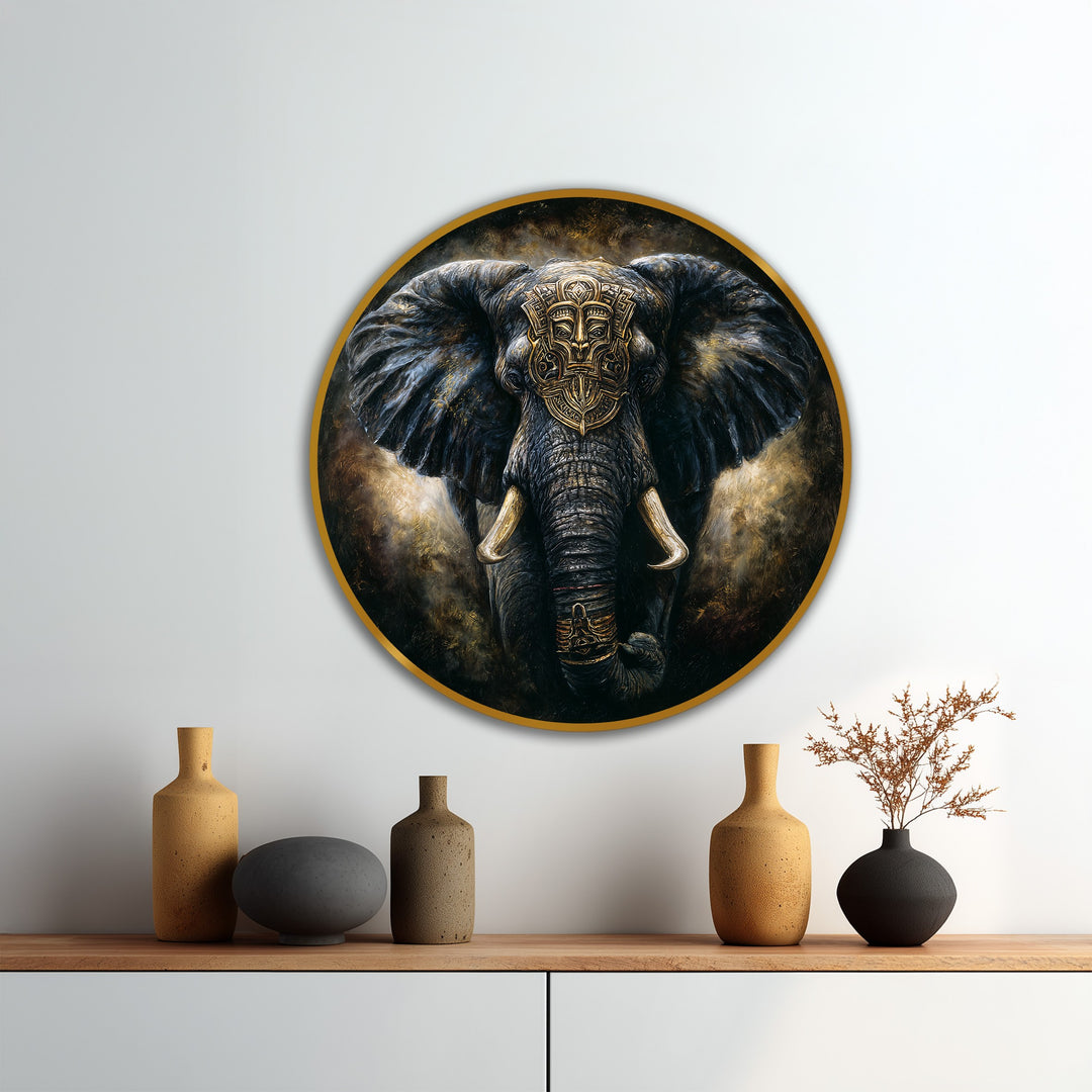 The incredibly realistic detail showcases this royal guardian elephant oil painting art piece, a dark and majestic round artwork on wood with a golden tribal mask.