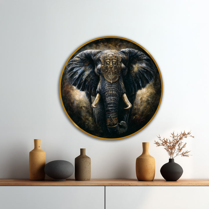 The incredibly realistic detail showcases this royal guardian elephant oil painting art piece, a dark and majestic round artwork on wood with a golden tribal mask.