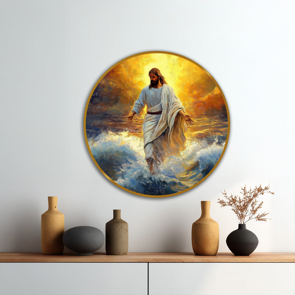 Illuminating the divine figure, the oil painting wall art captures the interplay of intense light and shadow as Jesus walks on the turbulent waves, radiating faith.