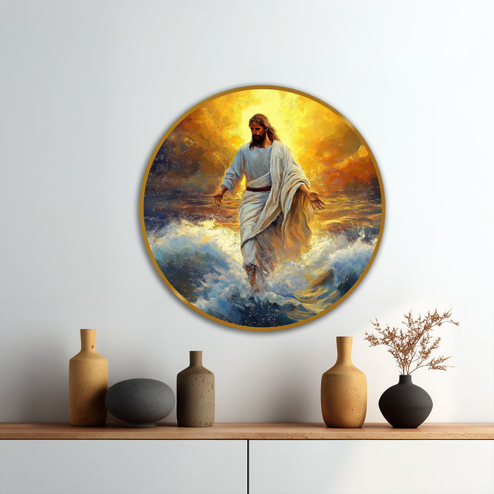 Illuminating the divine figure, the oil painting wall art captures the interplay of intense light and shadow as Jesus walks on the turbulent waves, radiating faith.