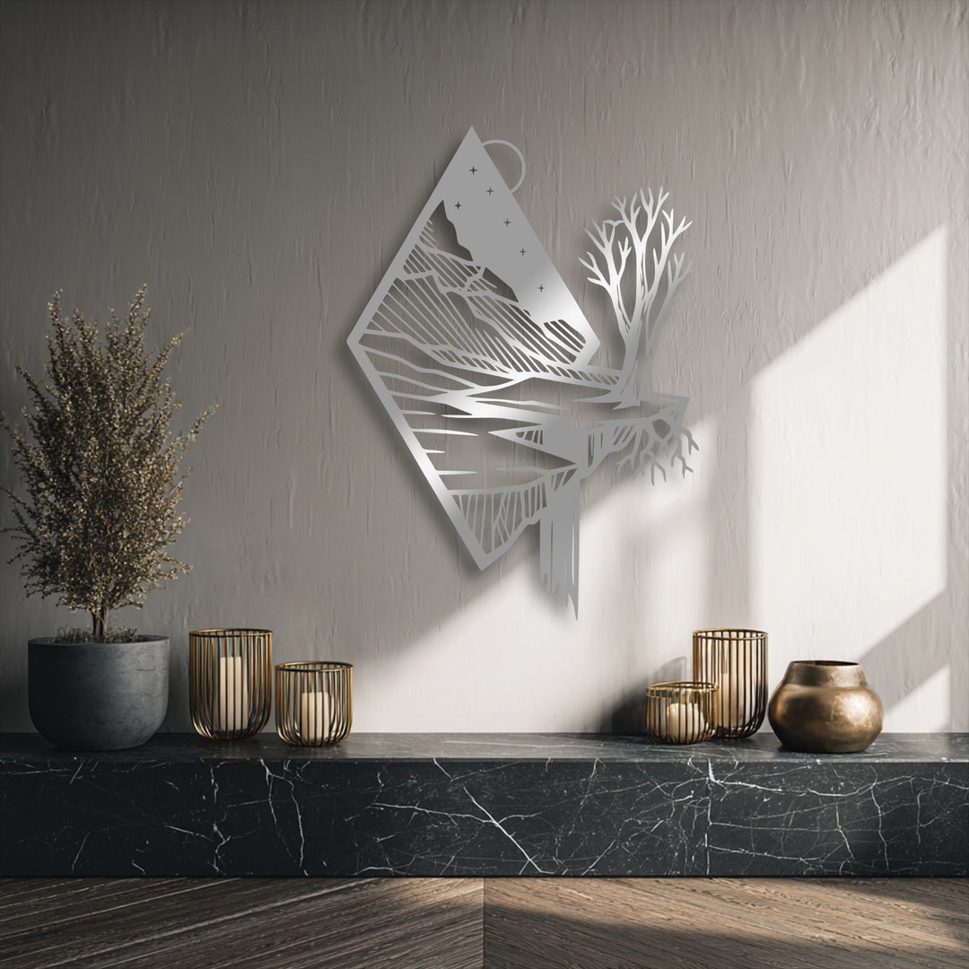 Sunlight and intricate shadows define a modern floating mountain metal art for wall, showcasing its detailed nature design against a textured background.