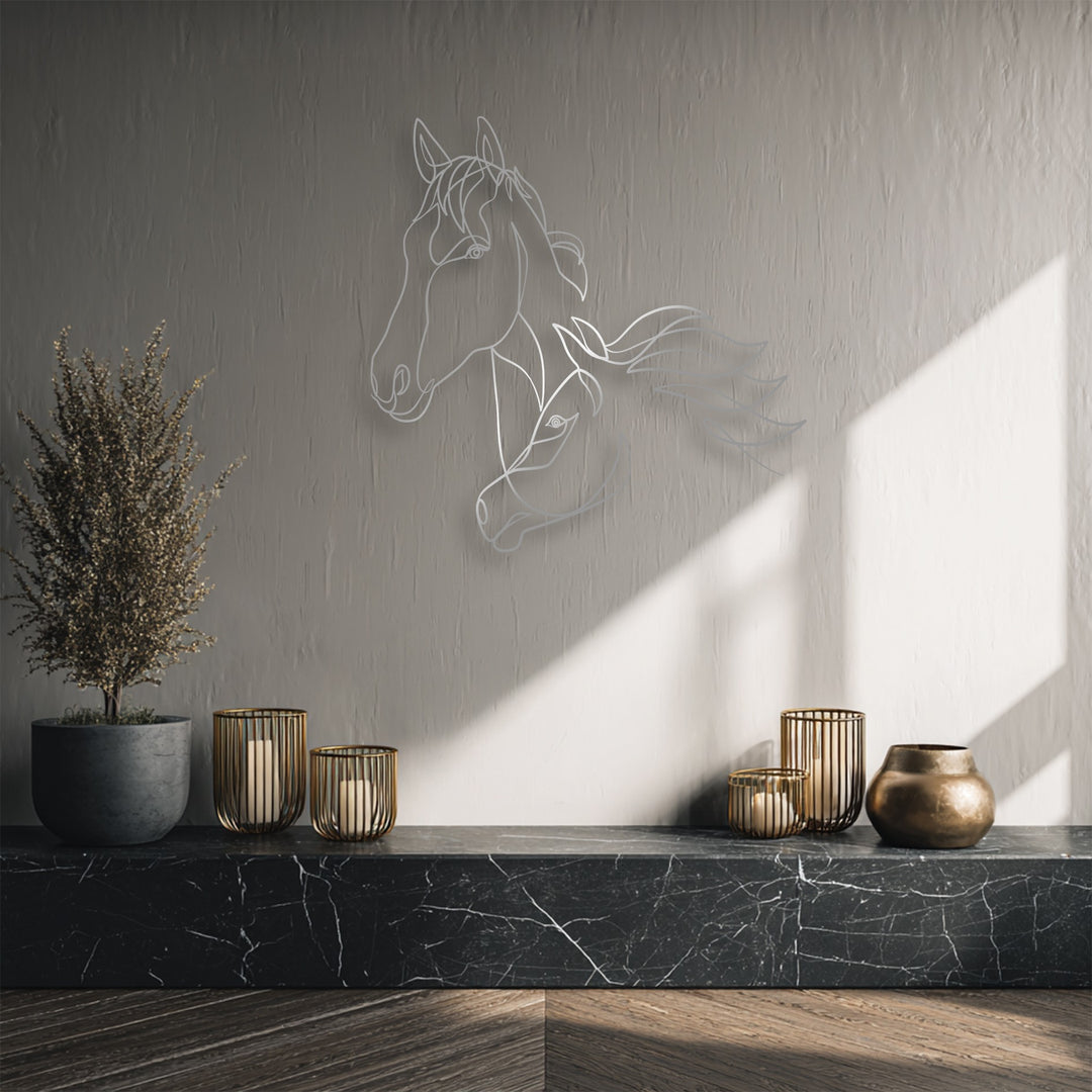 Organic forms define this flowing dual horse line art, an elegant metal art for wall piece with minimalist design.