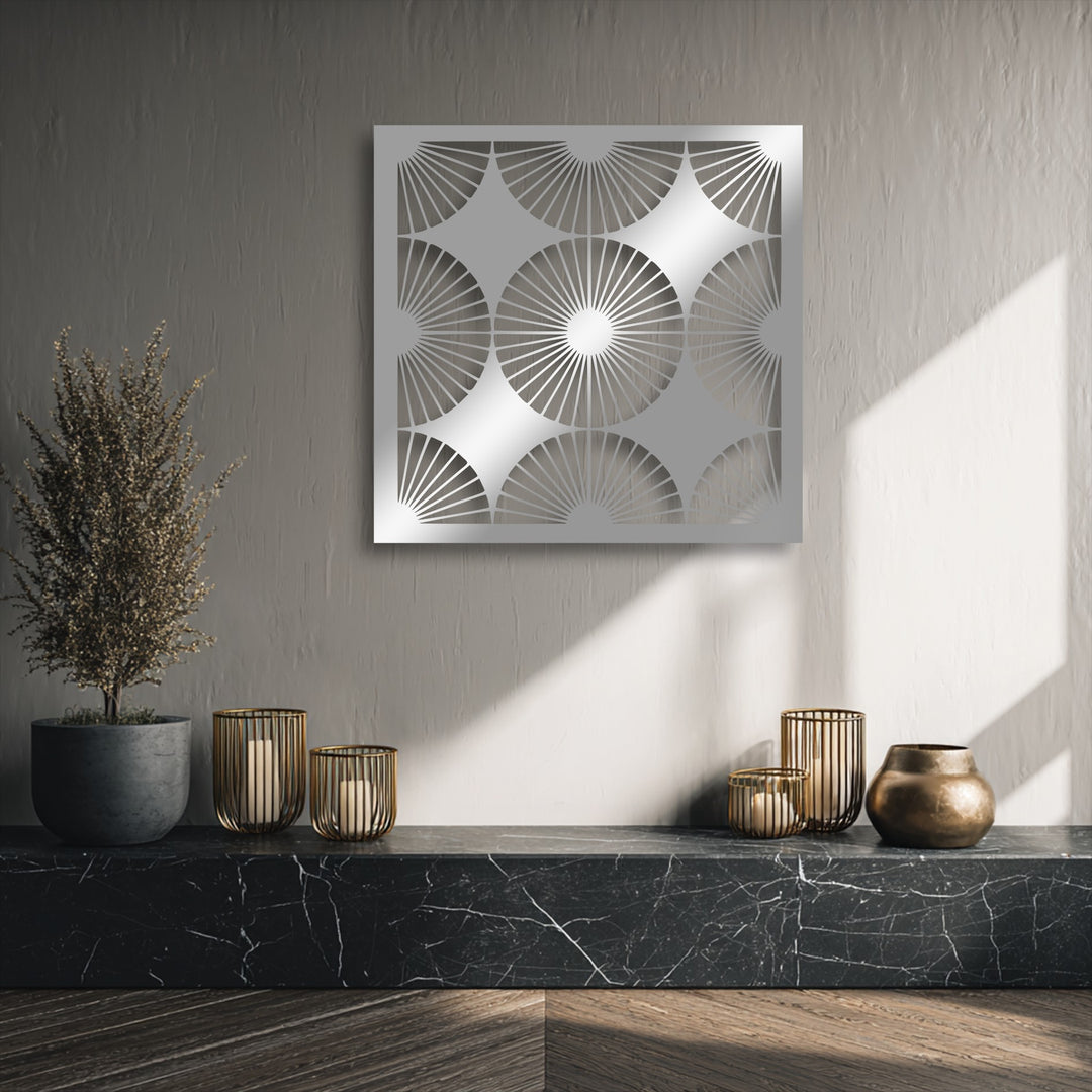 The visual rhythm of the repeating geometric fan patterns on this striking metal wall art makes for captivating decoration wall art.