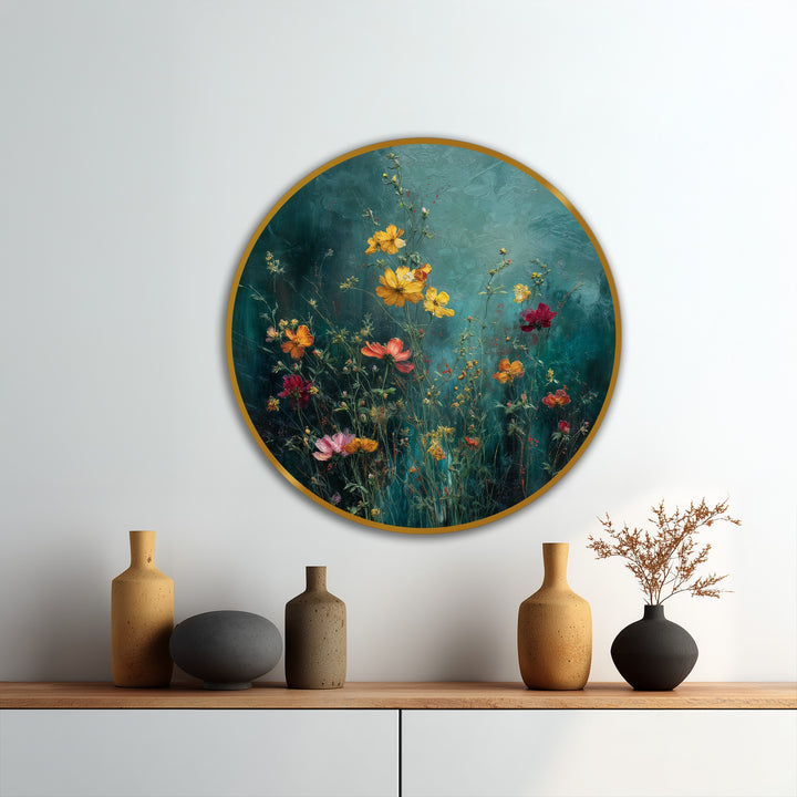 Showing remarkable depth and layers, this round floral oil painting art piece presents a wildflower garden with hues that appear to bloom from within.