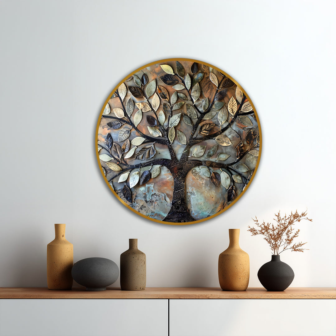 Rustic Harmony – Albero con foglie in metallo strutturato Quadro a Olio