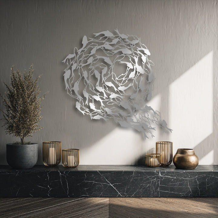 The focal point is an elegant, circular koi fish metal wall decor, featuring intricate, interconnected fish forming a harmonious design.