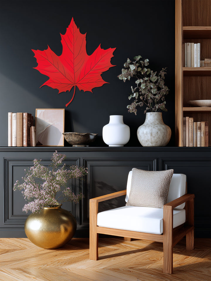 Visible along the edge and borders, this decoration wall art showcases a striking red maple leaf design, adding Canadian nature-inspired flair to the wall.
