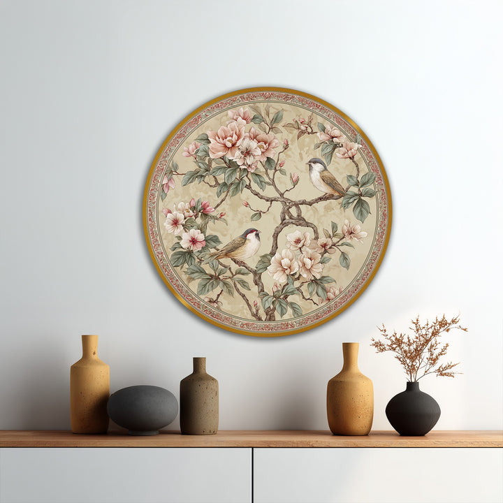 Featuring a balanced color saturation, the round oil painting wall art shows a blossoming branch with songbirds, an elegant floral oil painting.