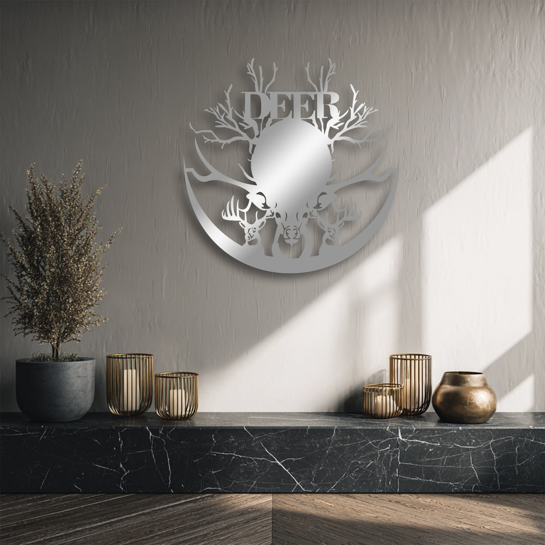 The brightest sunlit portion of the wall showcases the striking deer antler silhouette metal art for wall, casting subtle shadows.