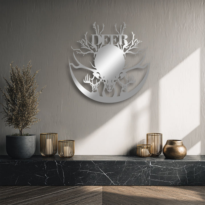 The brightest sunlit portion of the wall showcases the striking deer antler silhouette metal art for wall, casting subtle shadows.