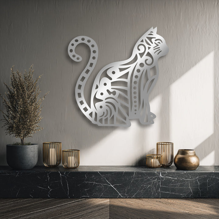 Dynamic lines and curves of the ornamental cat silhouette metal wall decor create a graceful sense of movement as light plays.