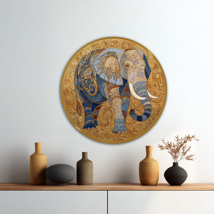 Visual rhythm flows through this golden sovereign ornate elephant medallion round oil painting artwork, its mosaic-like patterns creating a mesmerizing focal point.
