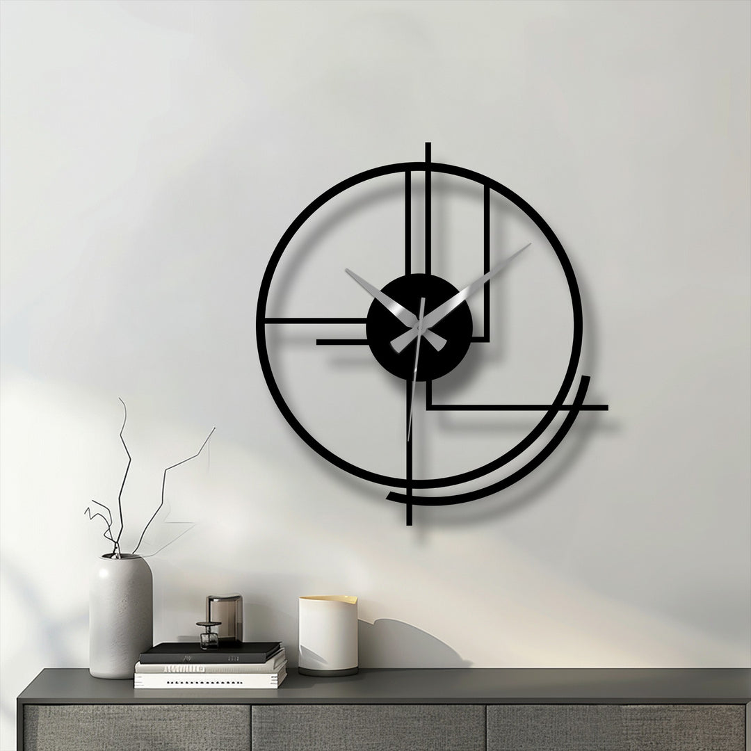 Against the plain background, a modern circular metal wall clock's abstract lines offer an eye-catching decoration wall art piece for any room.