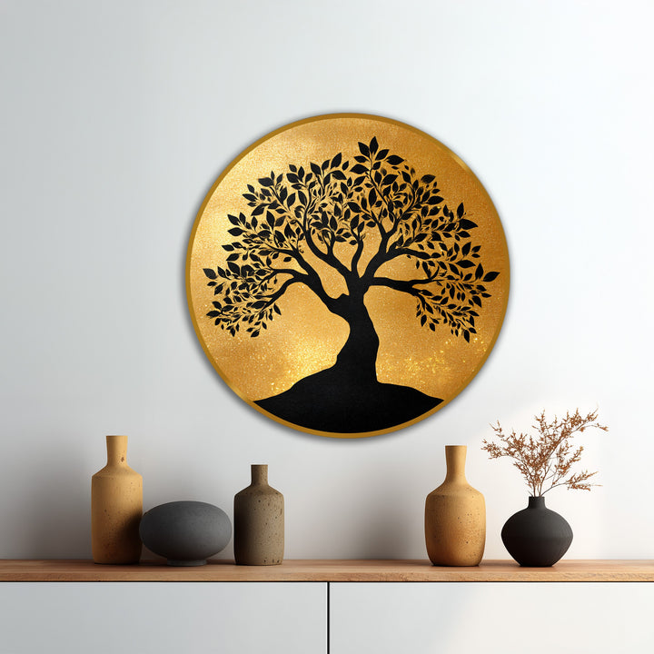 Gleaming golden oil painting artwork featuring a striking black tree silhouette dominates a stylish scene with a modern, nature-inspired aesthetic.