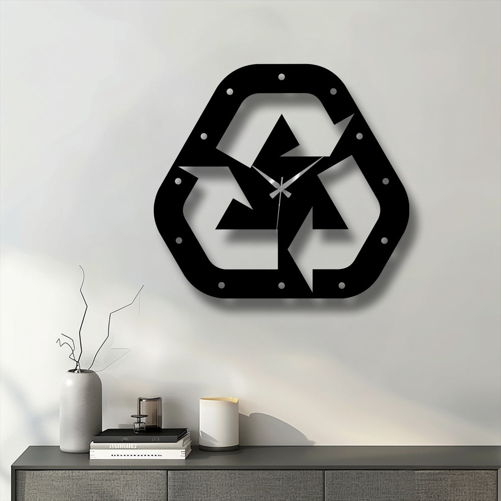 Highlighting the layering effect, the recycle symbol metal wall clock shows layers constructing a compelling piece of unique metal wall art.