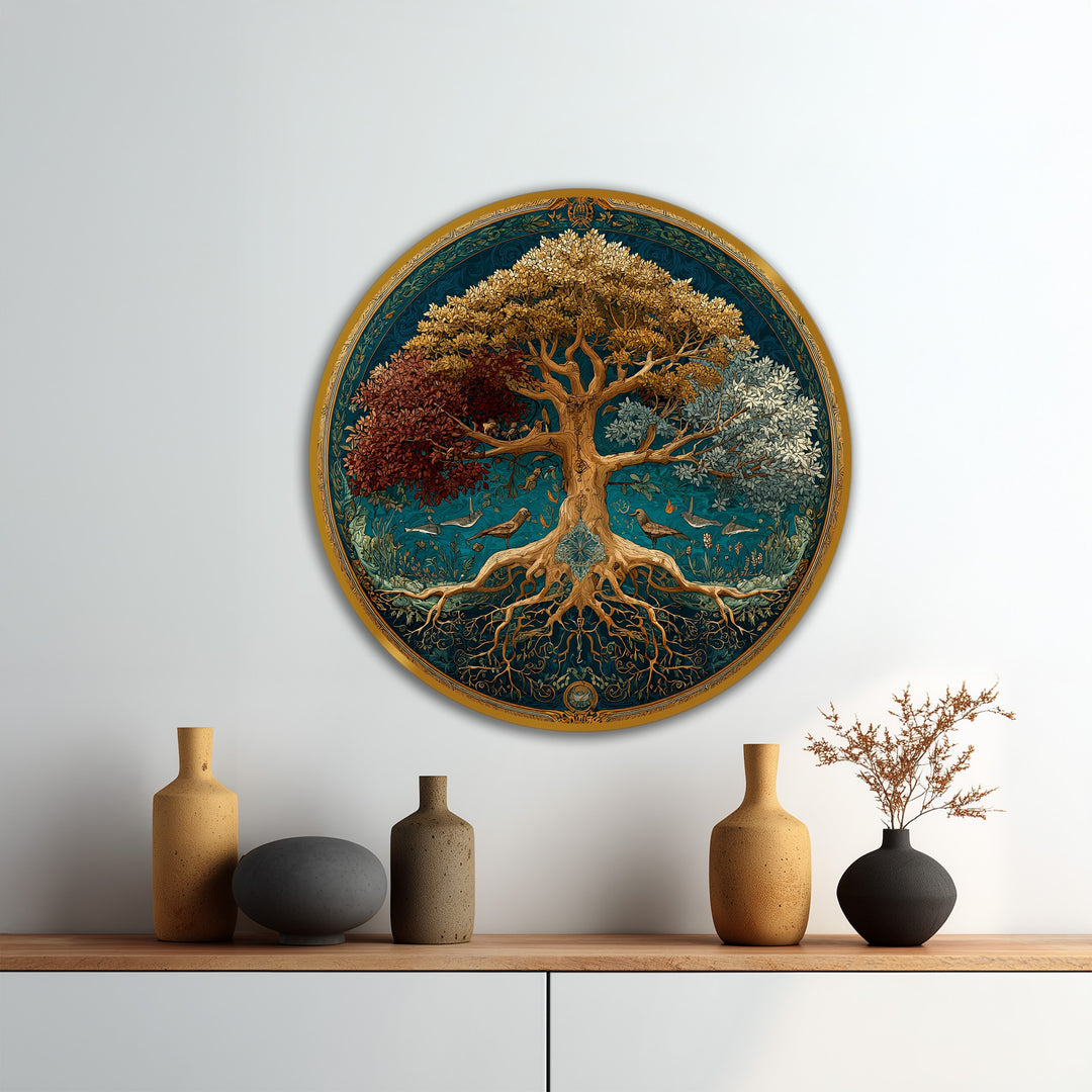 Circular orientation shows the tree of seasons, a symbolic round oil painting artwork on wood featuring a beautiful tree with roots, birds, and seasonal colors.