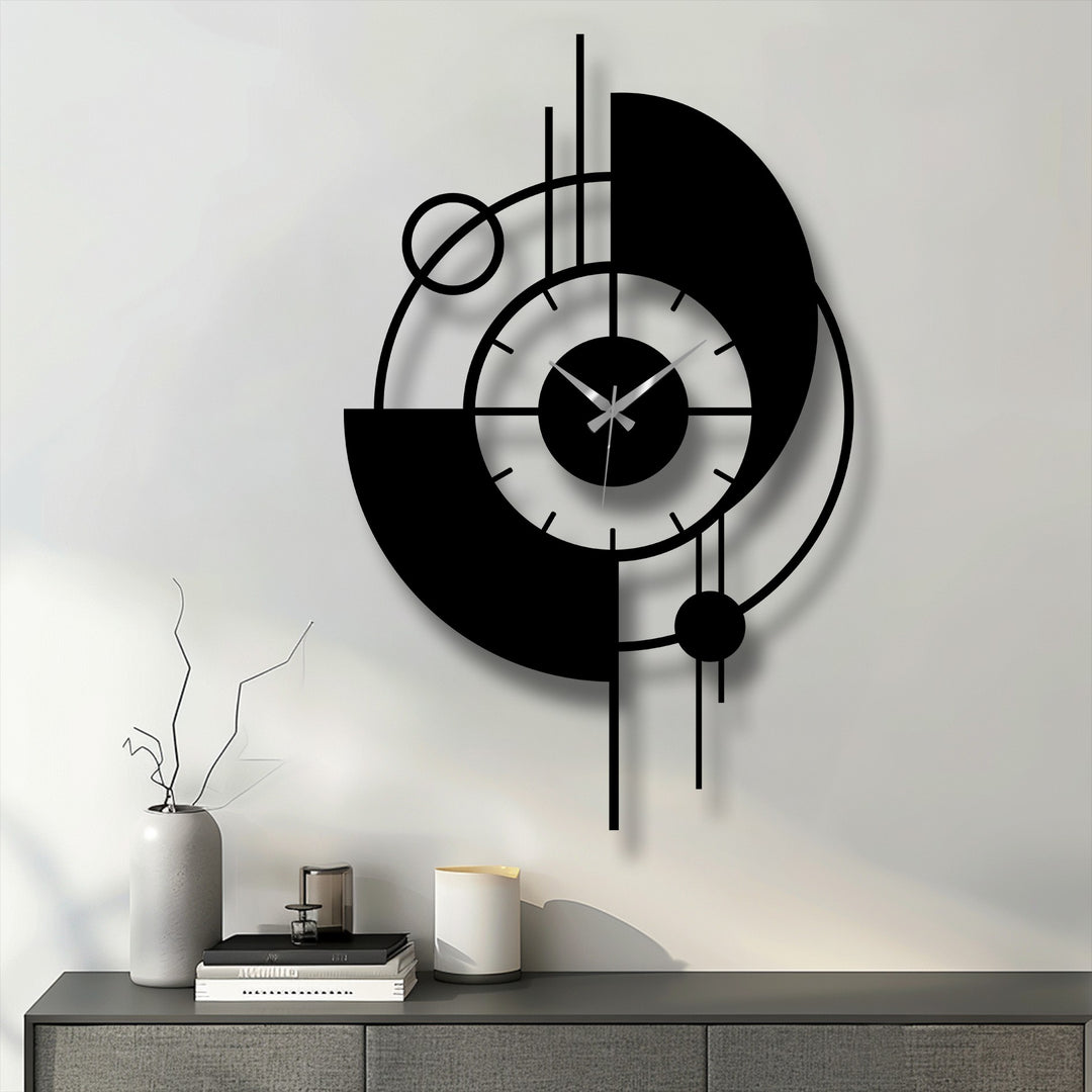 Reflecting the stillness of time, the modern orbit abstract metal wall decor clock presents a silent, contemporary geometric design.