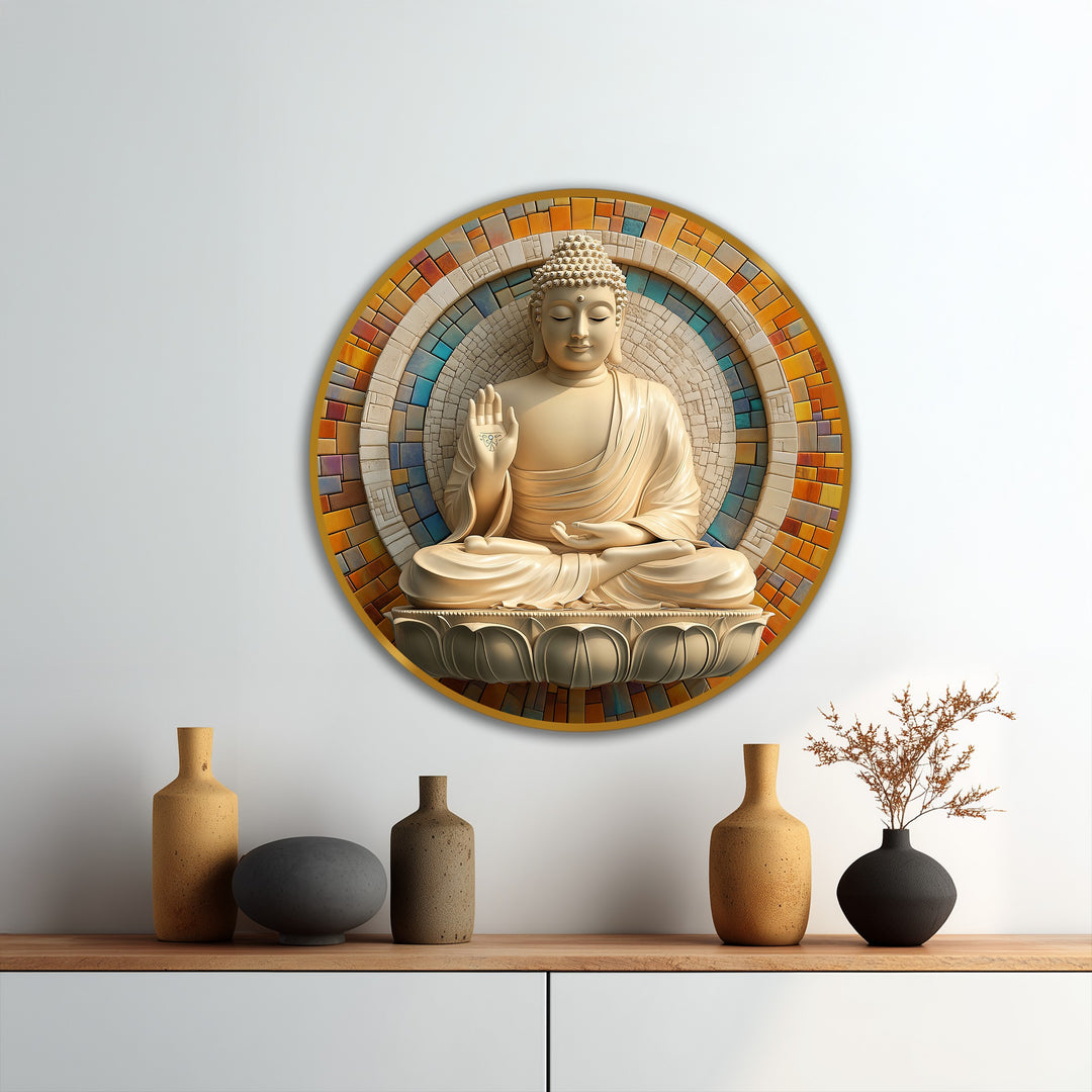 Highlighting the abstract quality, the round oil painting home decor shows a Buddha statue embraced by a mosaic halo, forming a meditative and geometric expression of art.