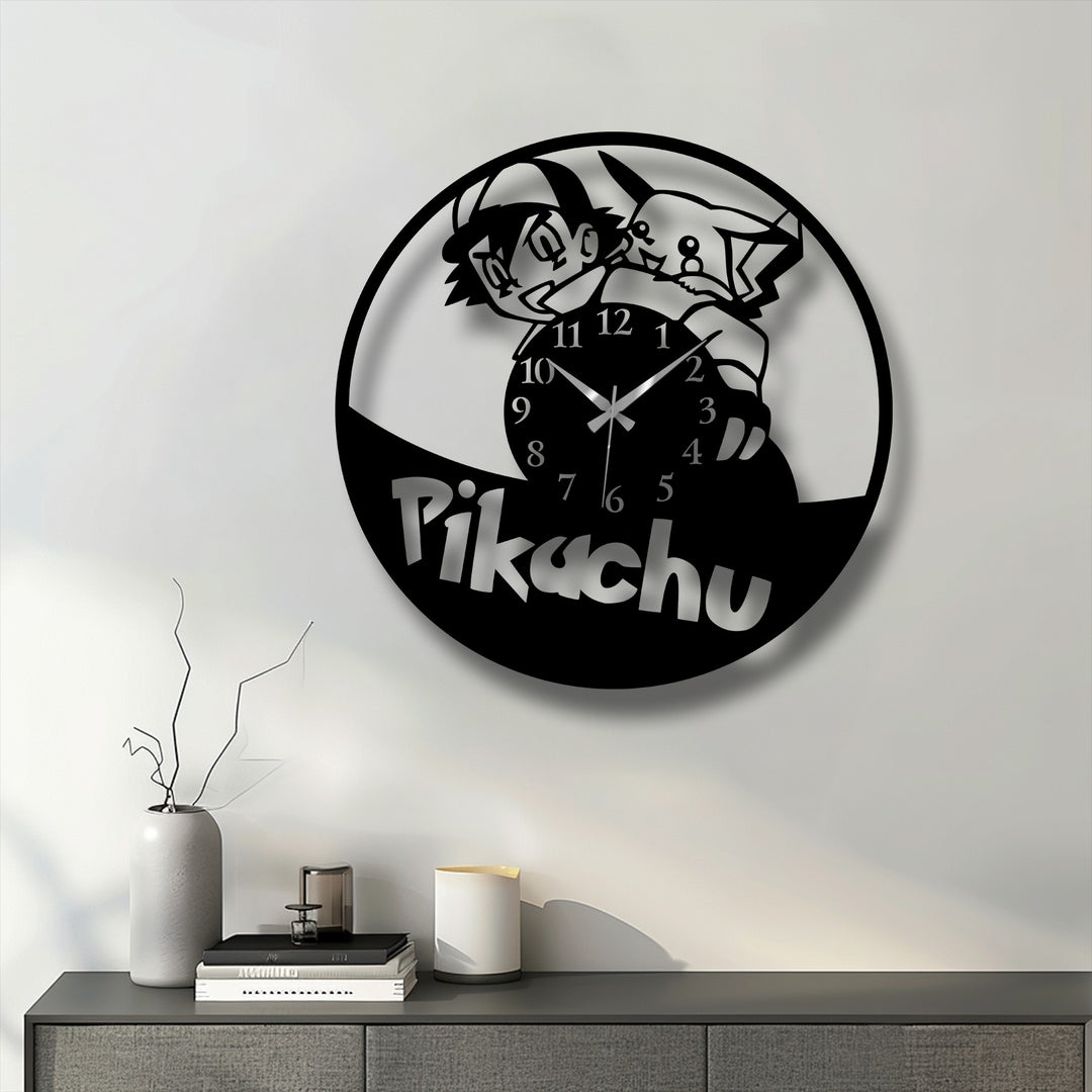 The energetic pose of Ash with Pikachu on this metal artwork wall clock conveys dynamic movement, perfectly capturing the cartoon characters' spirited nature.