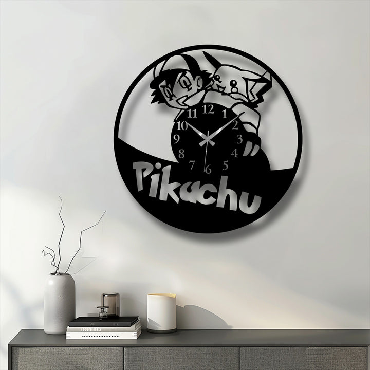The energetic pose of Ash with Pikachu on this metal artwork wall clock conveys dynamic movement, perfectly capturing the cartoon characters' spirited nature.