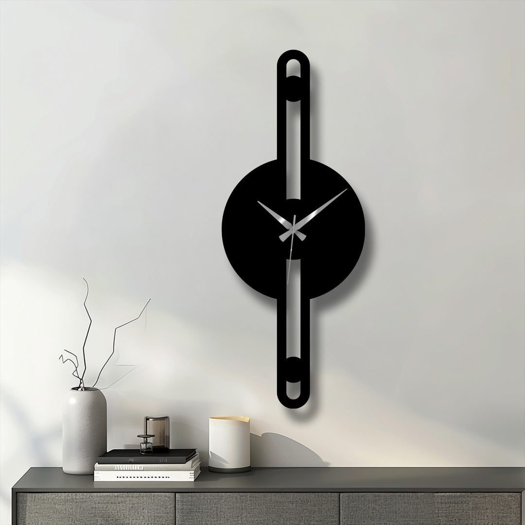 The minimalist metal wall clock appears to float, its unique metal wall art design creating a dynamic, suspended motion.