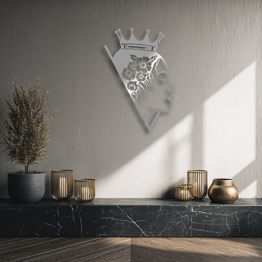 The brightest area, a luminous diagonal sunlight strip, elegantly accents the detailed 'Floral Queen Silhouette' metal art for wall, creating depth.