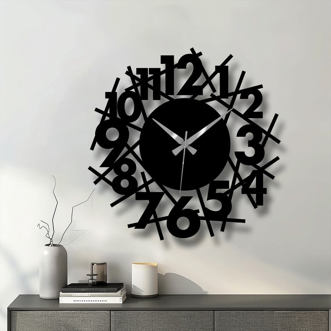 The scattered numbers create organic forms, defining this abstract numeric chaos modern metal art for wall clock with its striking silhouette.