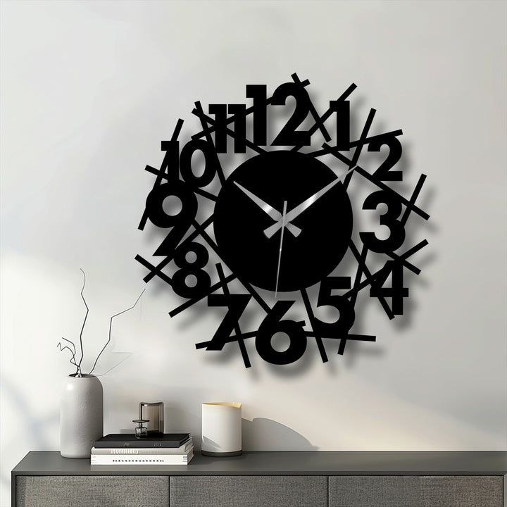 The scattered numbers create organic forms, defining this abstract numeric chaos modern metal art for wall clock with its striking silhouette.