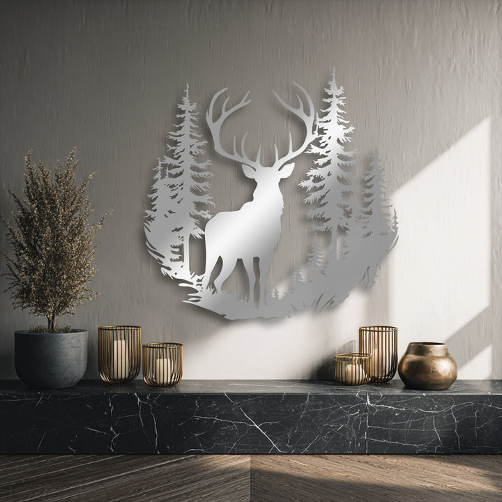 Rough plaster wall texture contrasts with the sleek deer forest metal wall decor, dried plant, polished marble veining, and distinct wood grain.