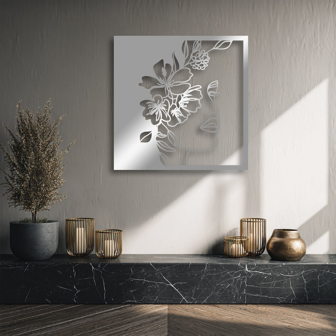 The smooth finish of the unique metal wall art beautifully contrasts with the rough wall texture and rich veined black marble.
